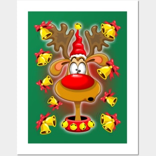 Reindeer Fun Christmas Cartoon with Bells Posters and Art